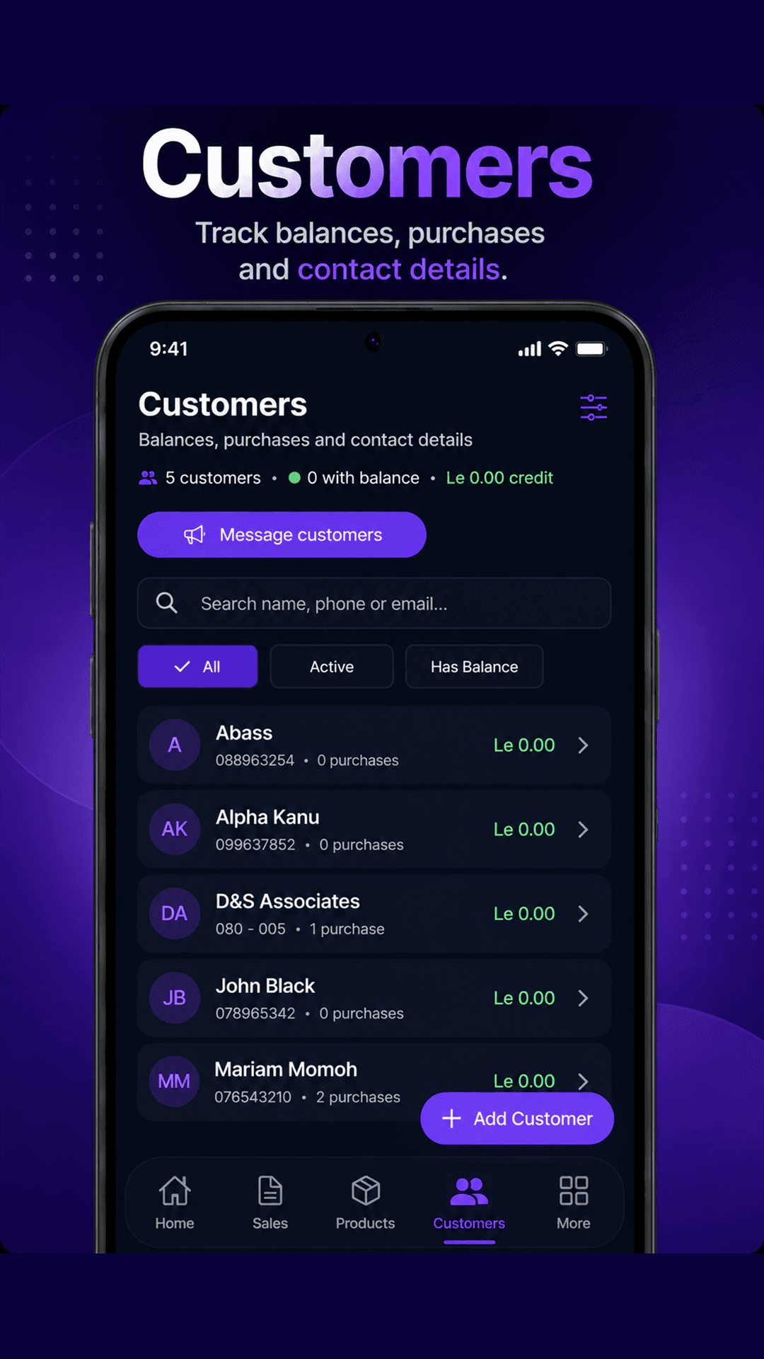 SabiBom customer management screen showing customer balances and purchase history.