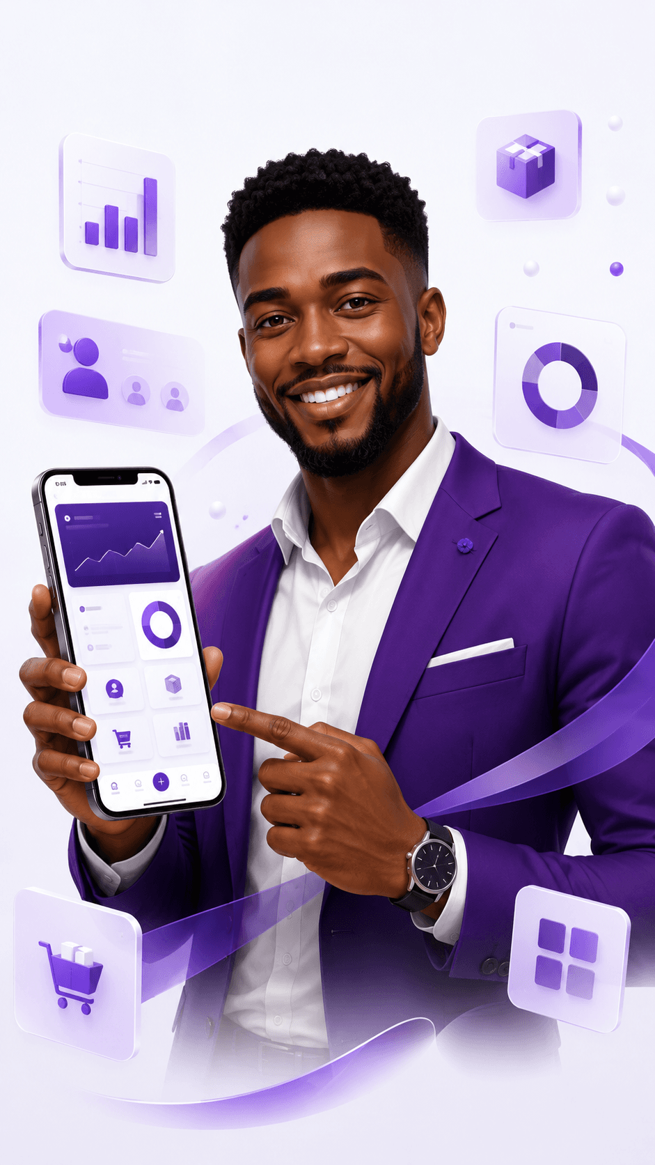SabiBom app showing voice receipt flow on a mobile phone beside a receipt printer.