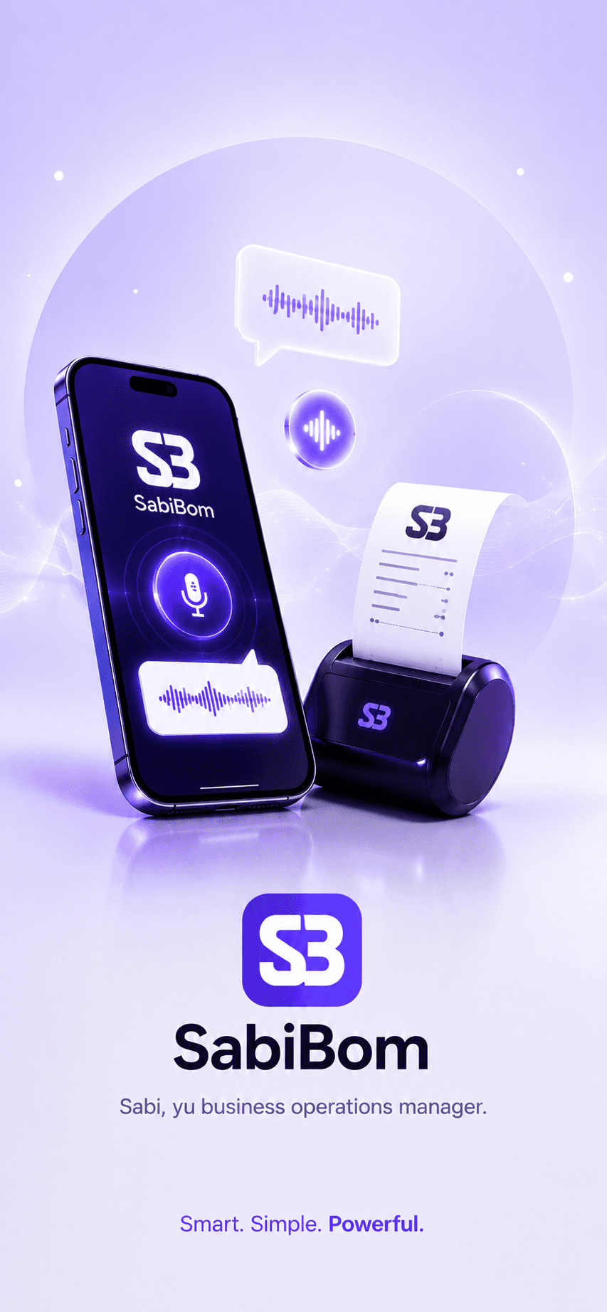SabiBom splash artwork showing voice assistant, receipt creation, and app branding.
